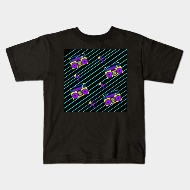 Graphic Design Pattern Boombox Cassette Tape 80s Neon Colors Kids T-Shirt by 617406